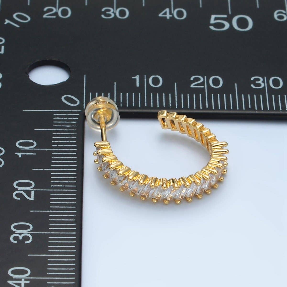 24k Gold Filled 22mm Clear Baguette Lined J-Shaped Hoop Earrings | AD732