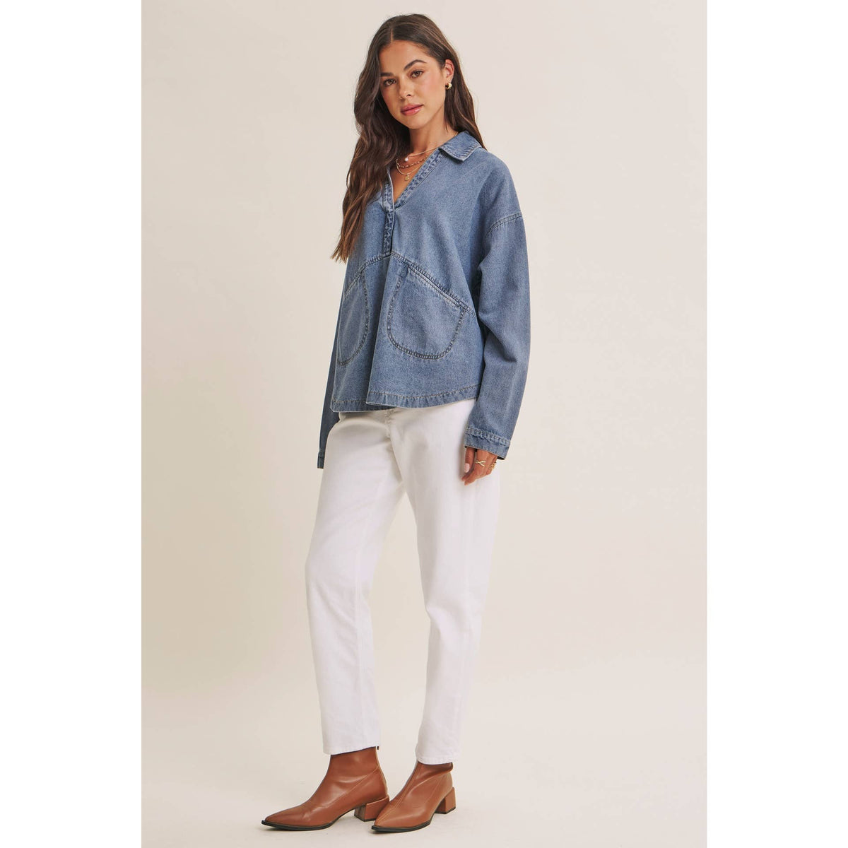 EASY LIVING MINERAL-WASHED COTTON DENIM OVERSIZED POCKET TOP
