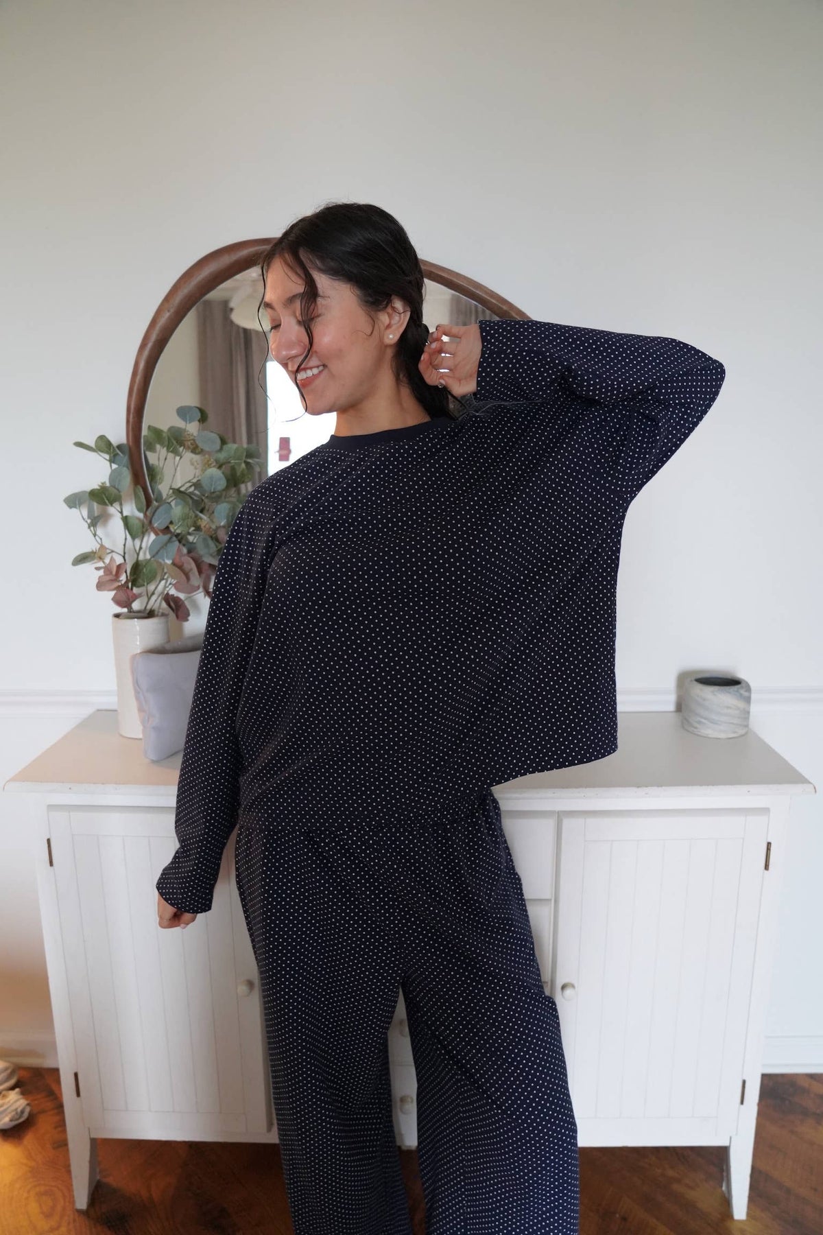 Navy Blue Polka Dot Loungewear Long Sleeve Top