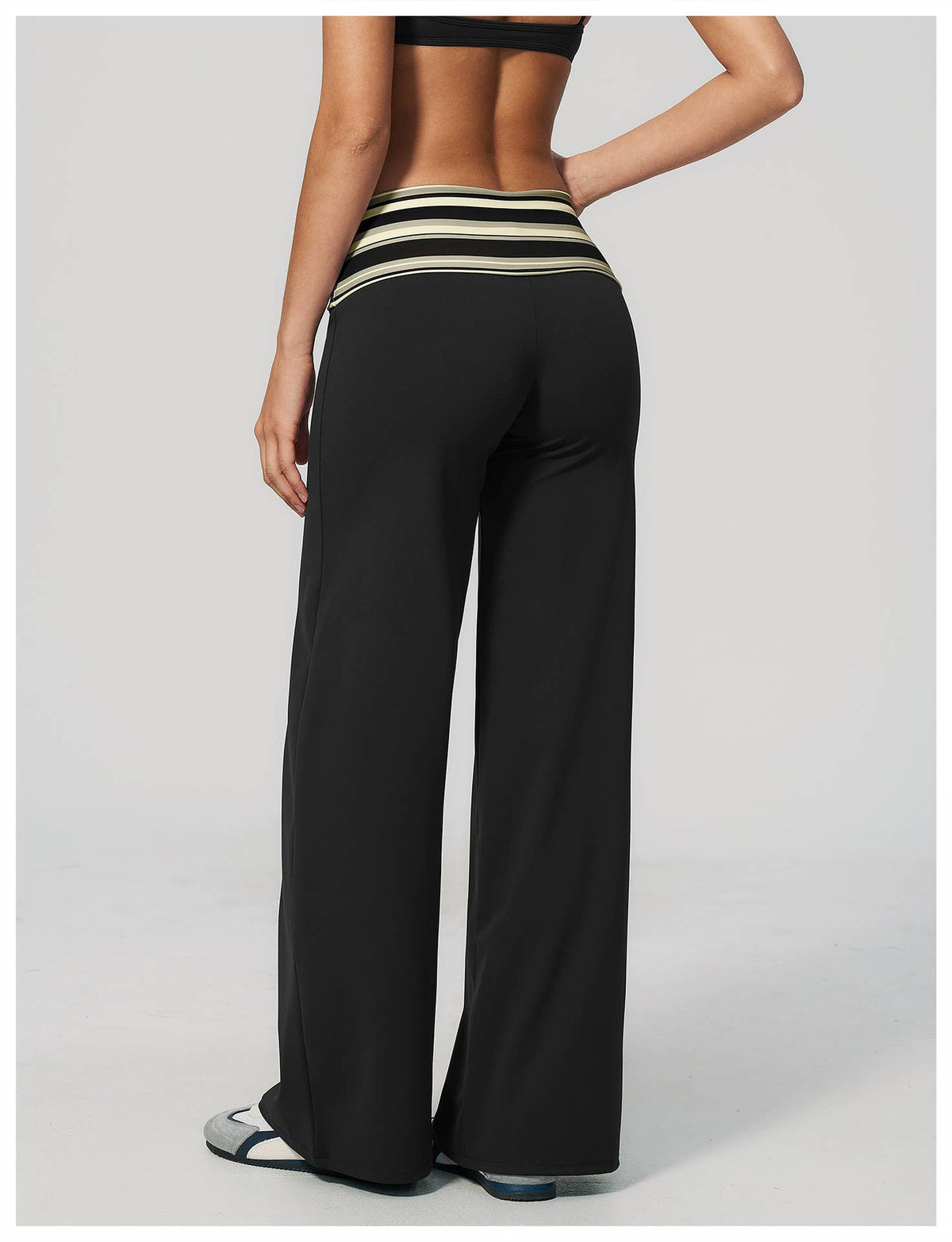 Striped Foldover Waist Wide Leg Yoga Pants Full Length Flowy Workout Trousers
