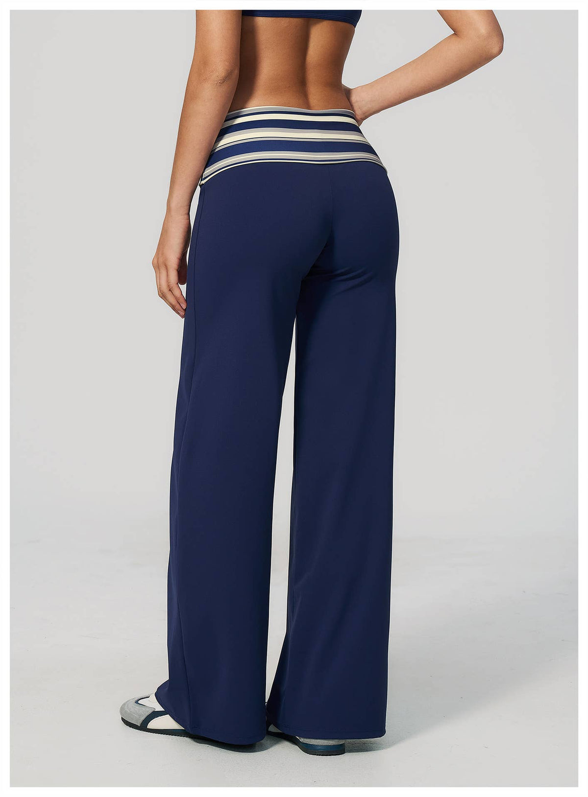 Striped Foldover Waist Wide Leg Yoga Pants Full Length Flowy Workout Trousers