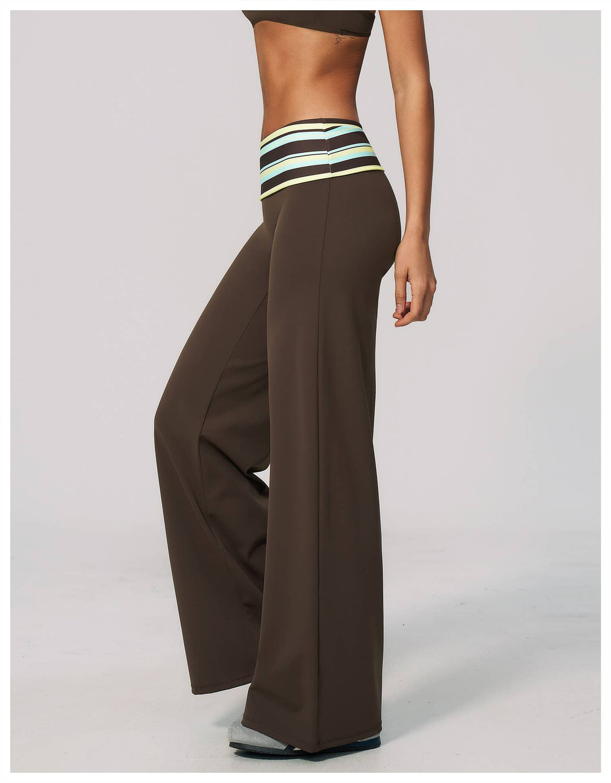 Striped Foldover Waist Wide Leg Yoga Pants Full Length Flowy Workout Trousers