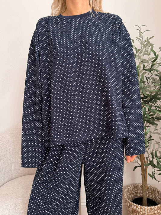 Navy Blue Polka Dot Loungewear Long Sleeve Top