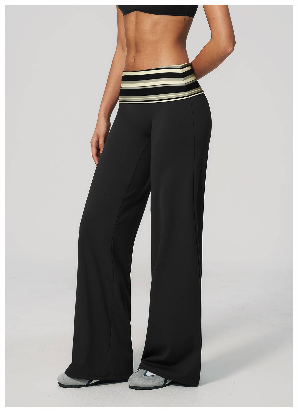 Striped Foldover Waist Wide Leg Yoga Pants Full Length Flowy Workout Trousers