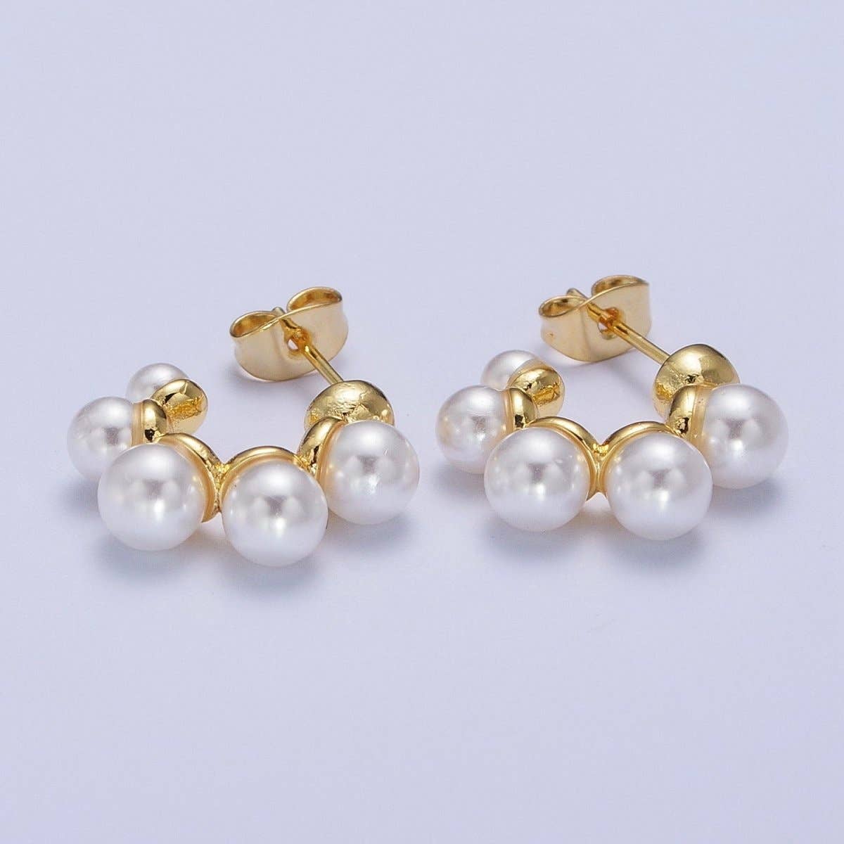 24K Gold Filled Round Pearl Lined C-Shaped 18mm Stud Earrings | AD-203