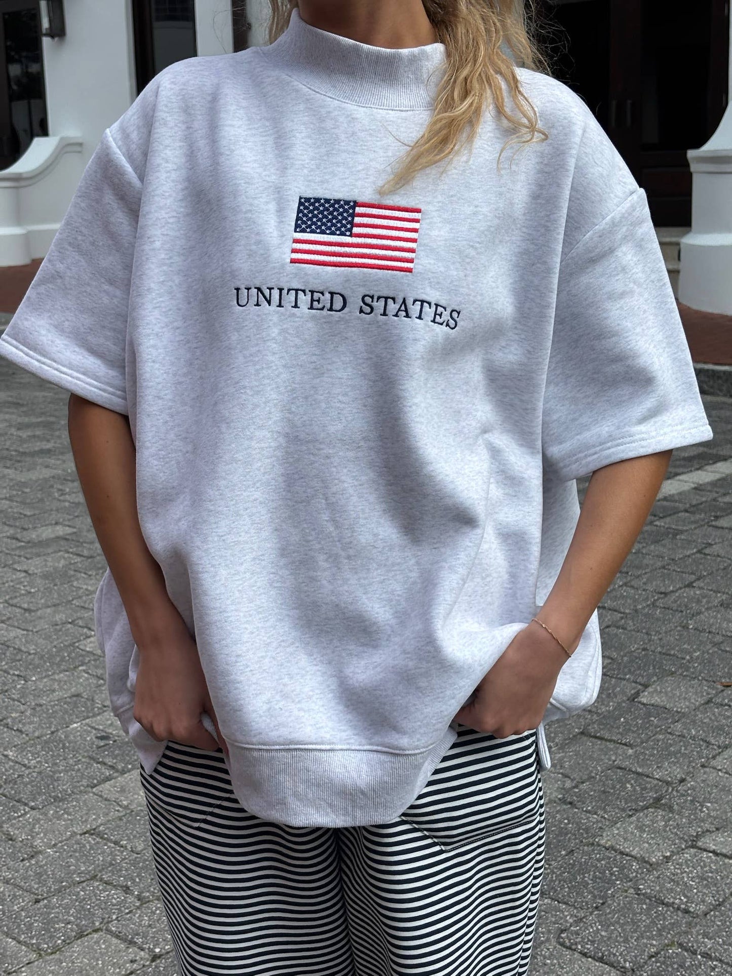 United States Flag Embroider Mockneck Short Sleeve Sweatshirt