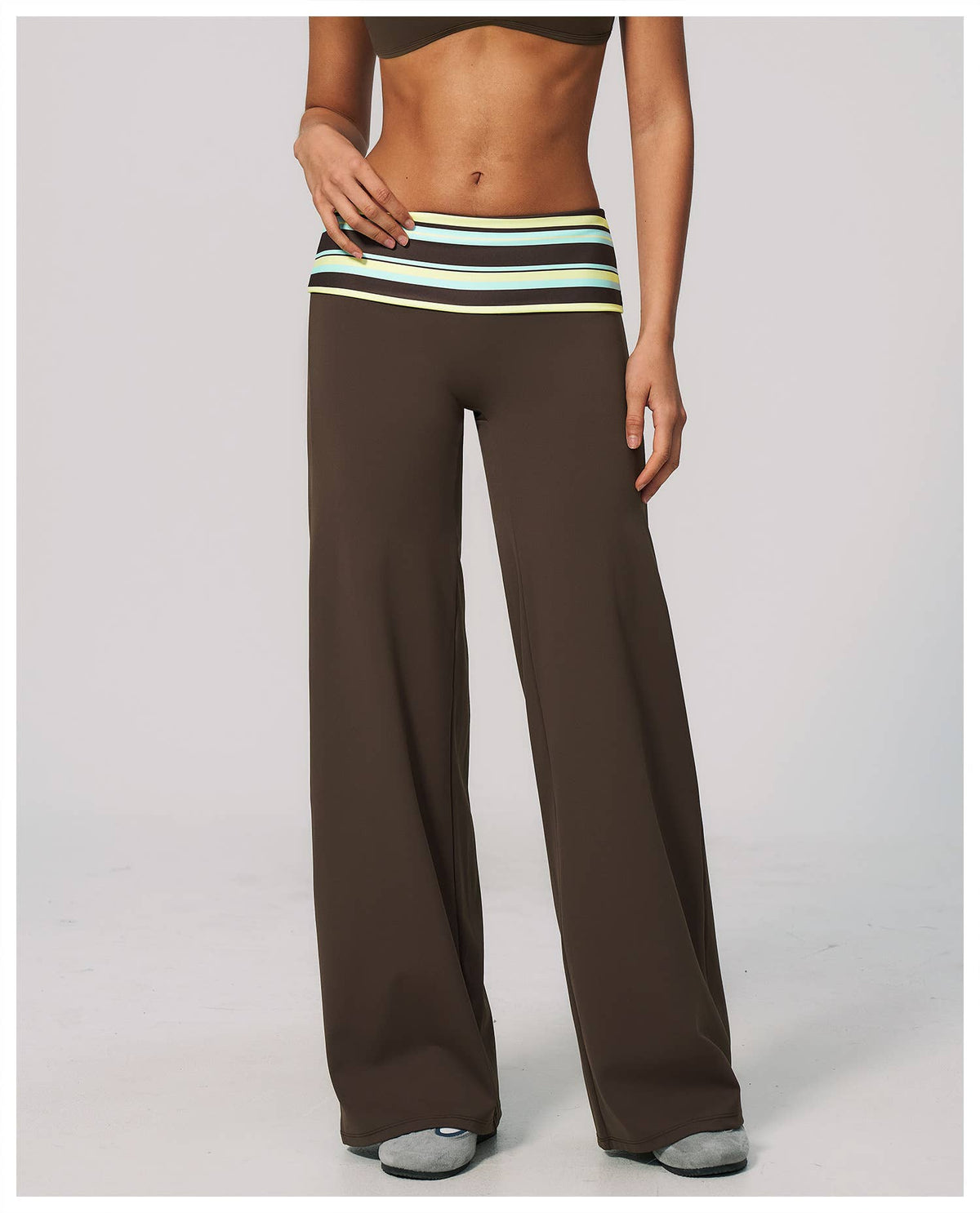 Striped Foldover Waist Wide Leg Yoga Pants Full Length Flowy Workout Trousers