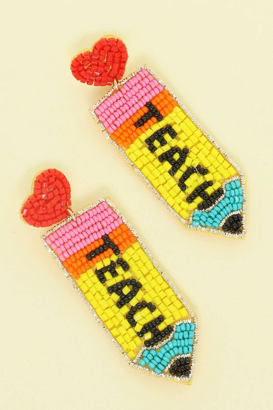 Colorblock Heart Pencil Seed Beaded Post Dangle Earrings