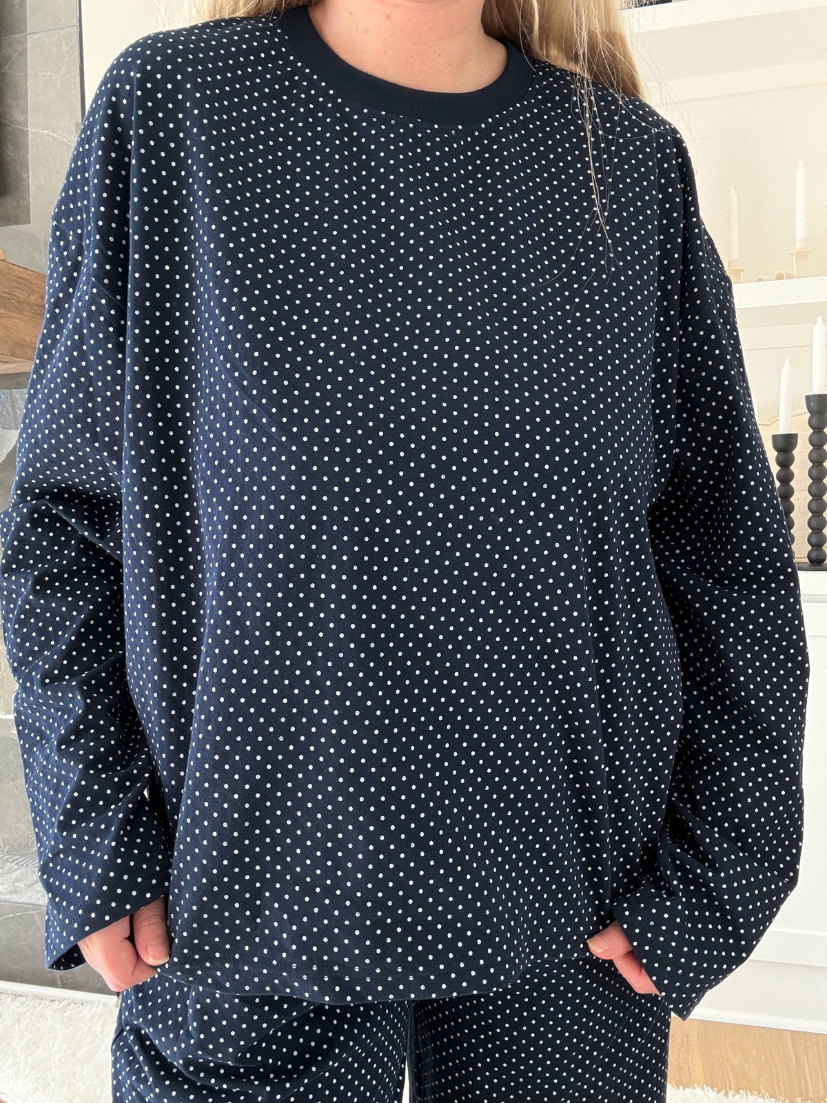 Navy Blue Polka Dot Loungewear Long Sleeve Top