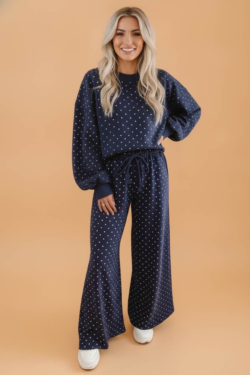 PRETTY BASH Polka Dot Long Sleeve Top & Wide Leg Pant Set