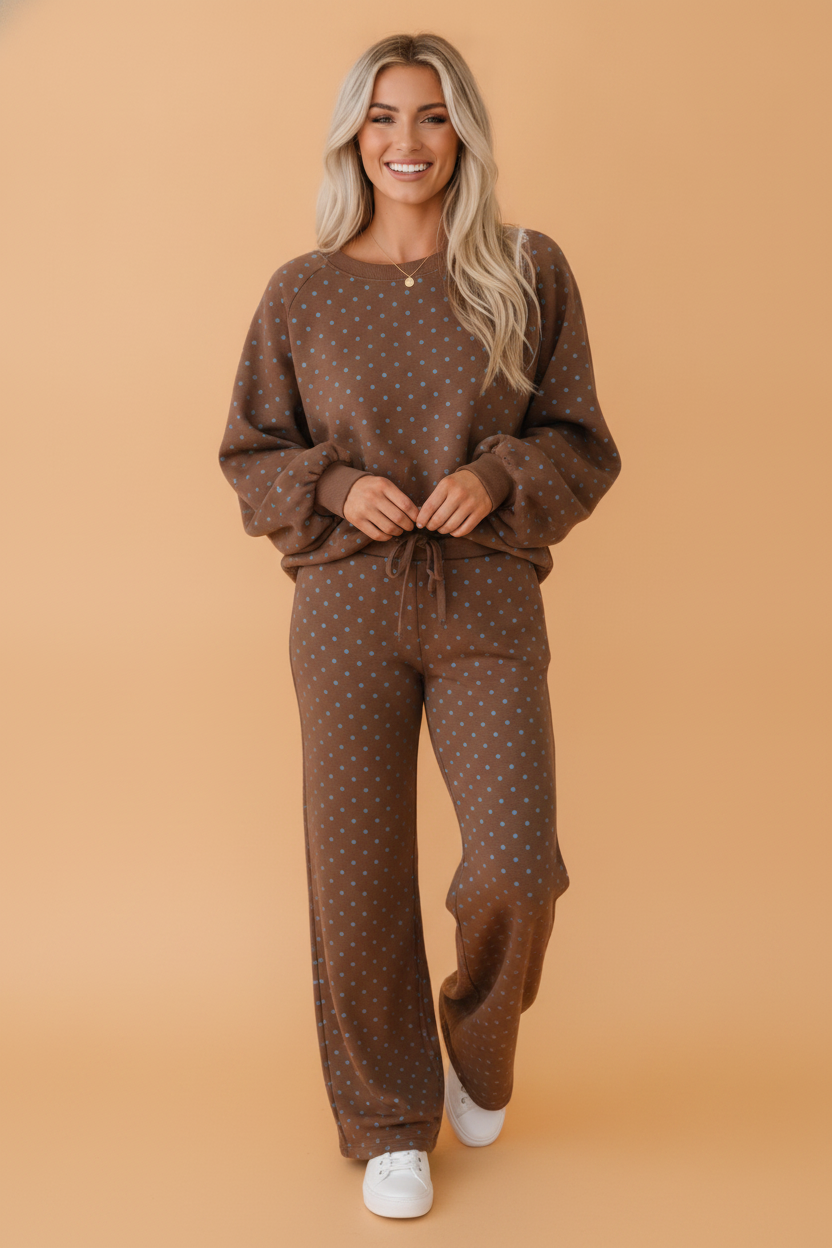 PRETTY BASH Polka Dot Long Sleeve Top & Wide Leg Pant Set