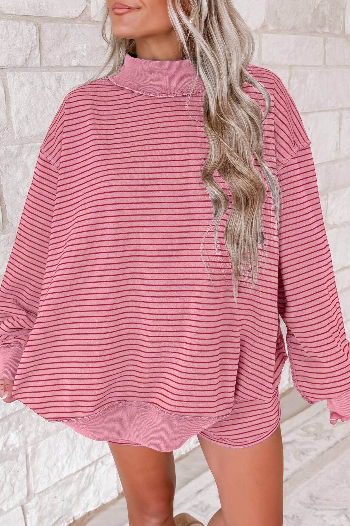 66 Stripe Mock Neck Pullover Matching Shorts Set (S-XL)