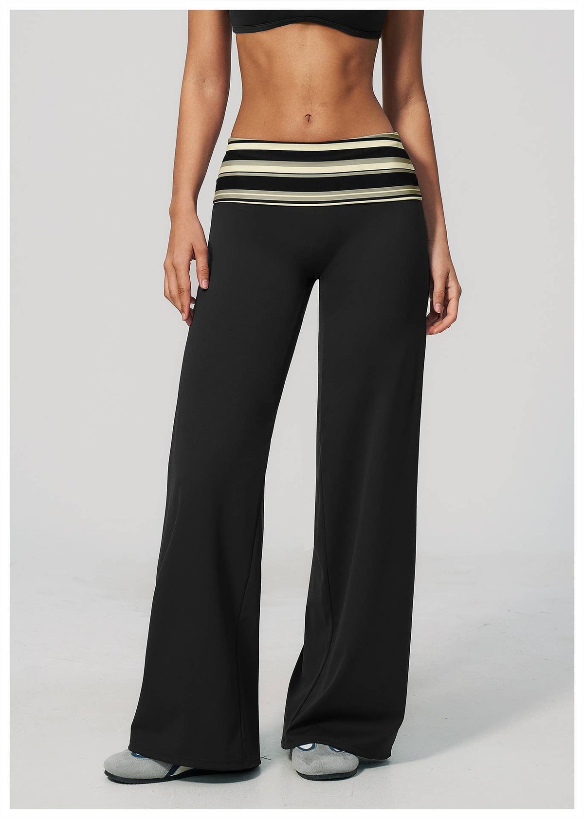 Striped Foldover Waist Wide Leg Yoga Pants Full Length Flowy Workout Trousers