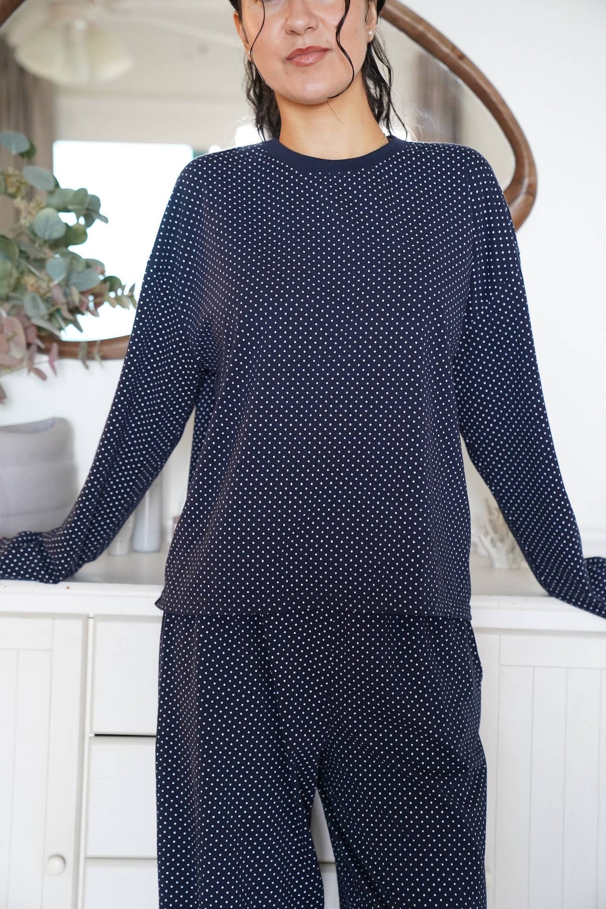 Navy Blue Polka Dot Loungewear Long Sleeve Top