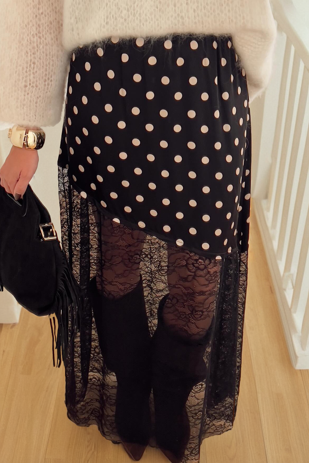 Midnight Polka Lace Asymmetrical Maxi Skirt