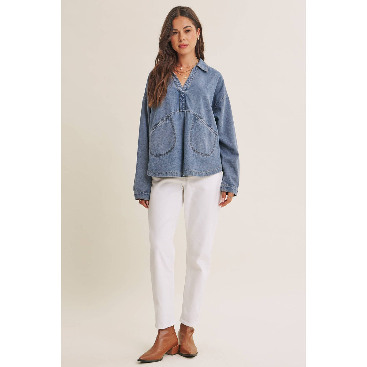 EASY LIVING MINERAL-WASHED COTTON DENIM OVERSIZED POCKET TOP