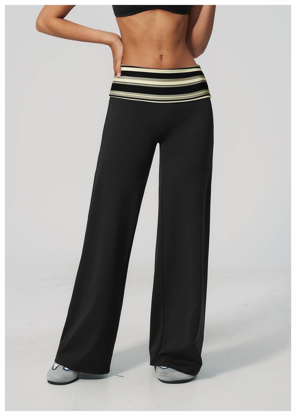 Striped Foldover Waist Wide Leg Yoga Pants Full Length Flowy Workout Trousers