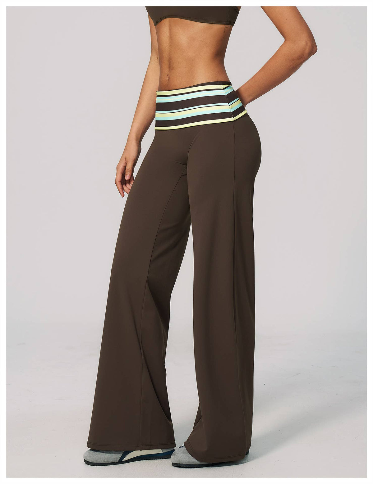 Striped Foldover Waist Wide Leg Yoga Pants Full Length Flowy Workout Trousers