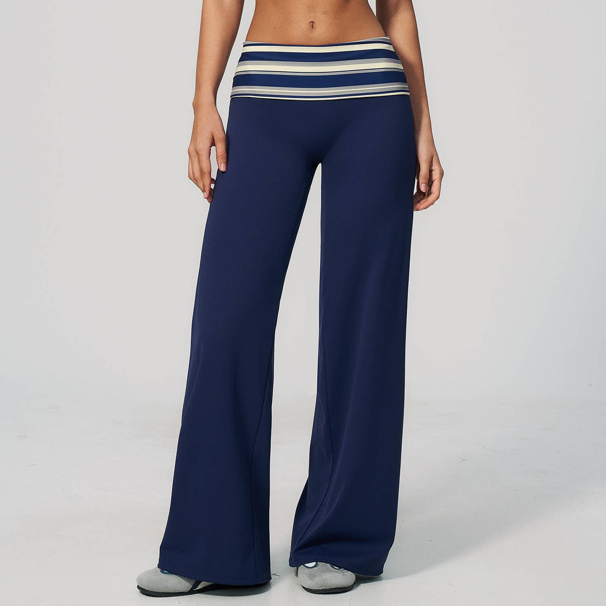Striped Foldover Waist Wide Leg Yoga Pants Full Length Flowy Workout Trousers