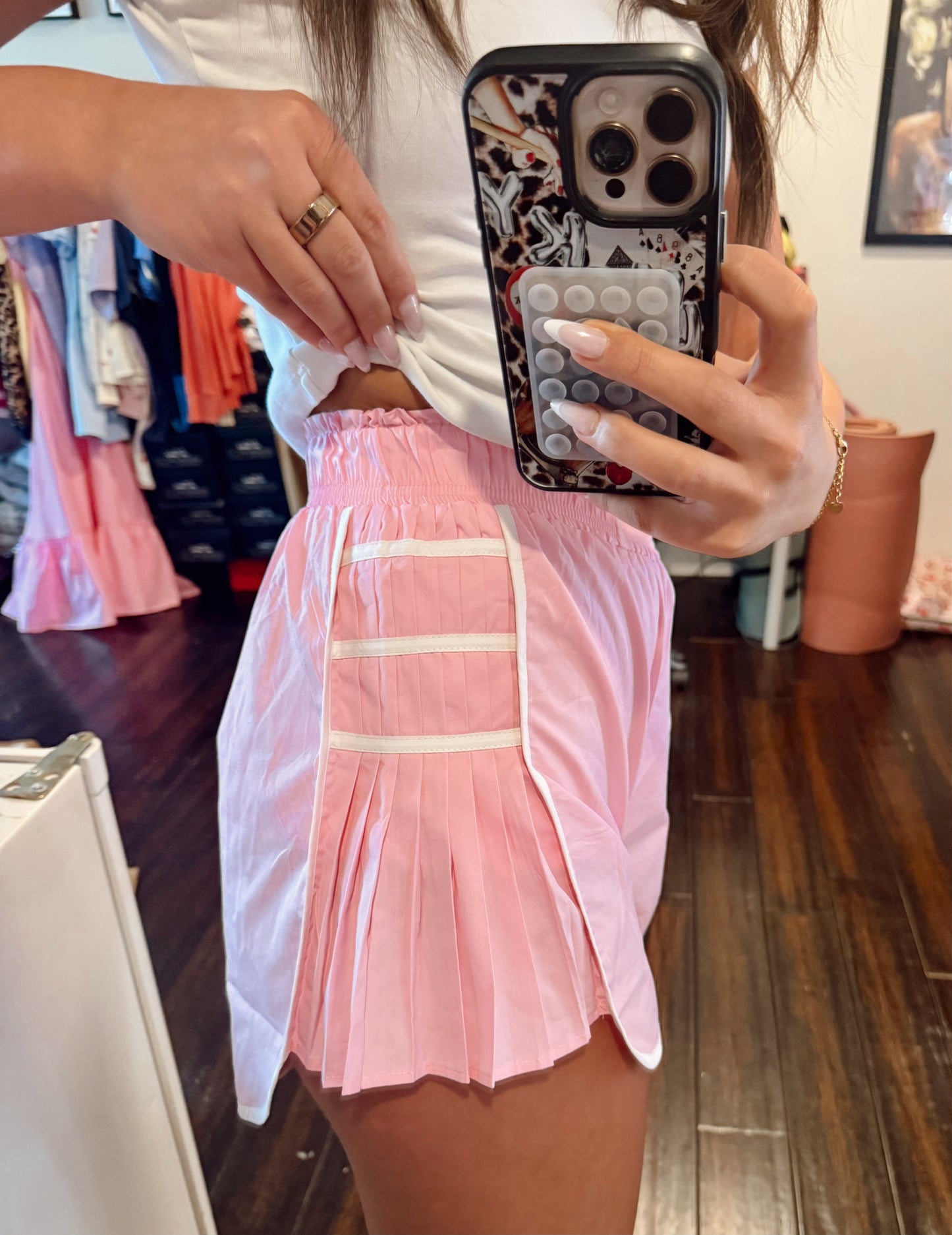 Pink Pleated Active Shorts
