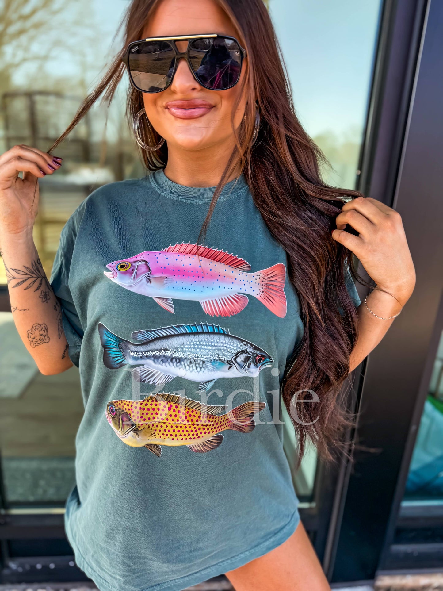 Three Fish Graphic Tee on Blue Spruce