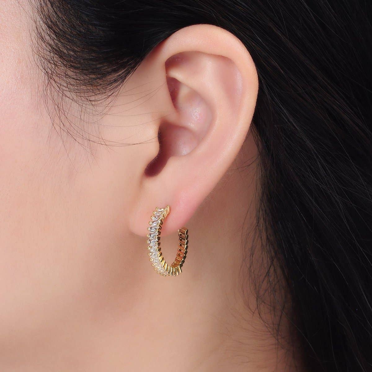 24k Gold Filled 22mm Clear Baguette Lined J-Shaped Hoop Earrings | AD732