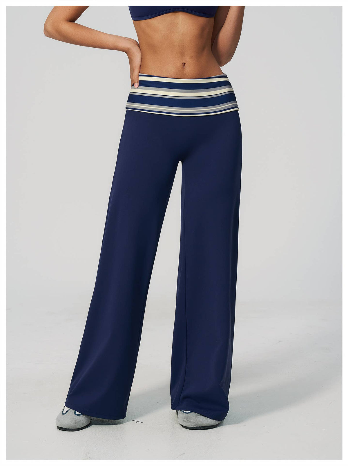 Striped Foldover Waist Wide Leg Yoga Pants Full Length Flowy Workout Trousers