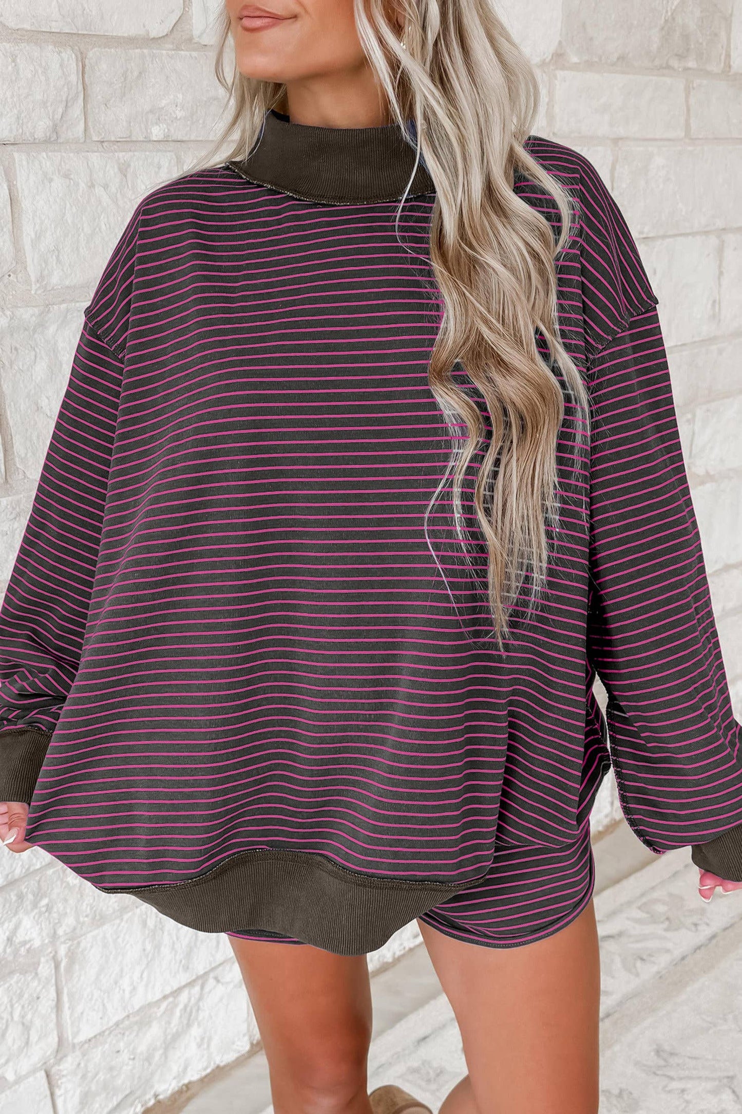 66 Stripe Mock Neck Pullover Matching Shorts Set (S-XL)