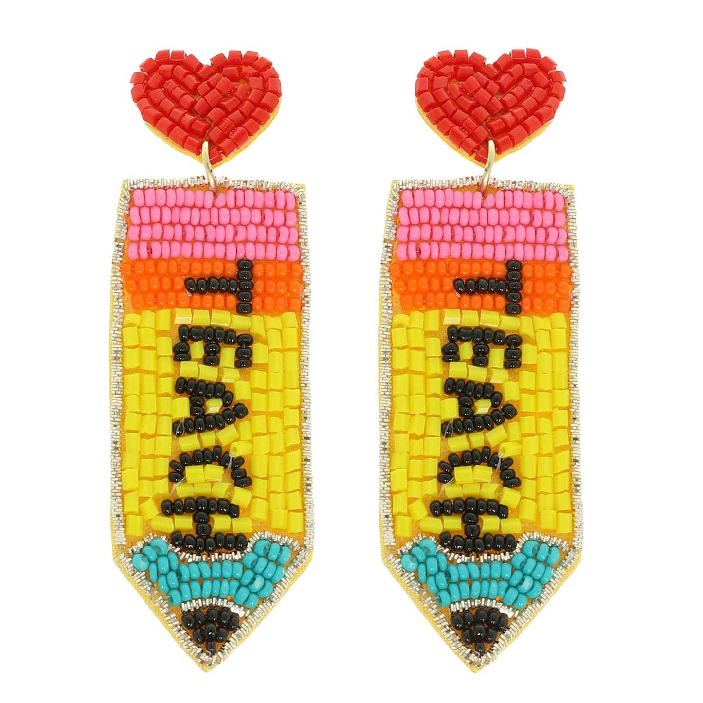 Colorblock Heart Pencil Seed Beaded Post Dangle Earrings