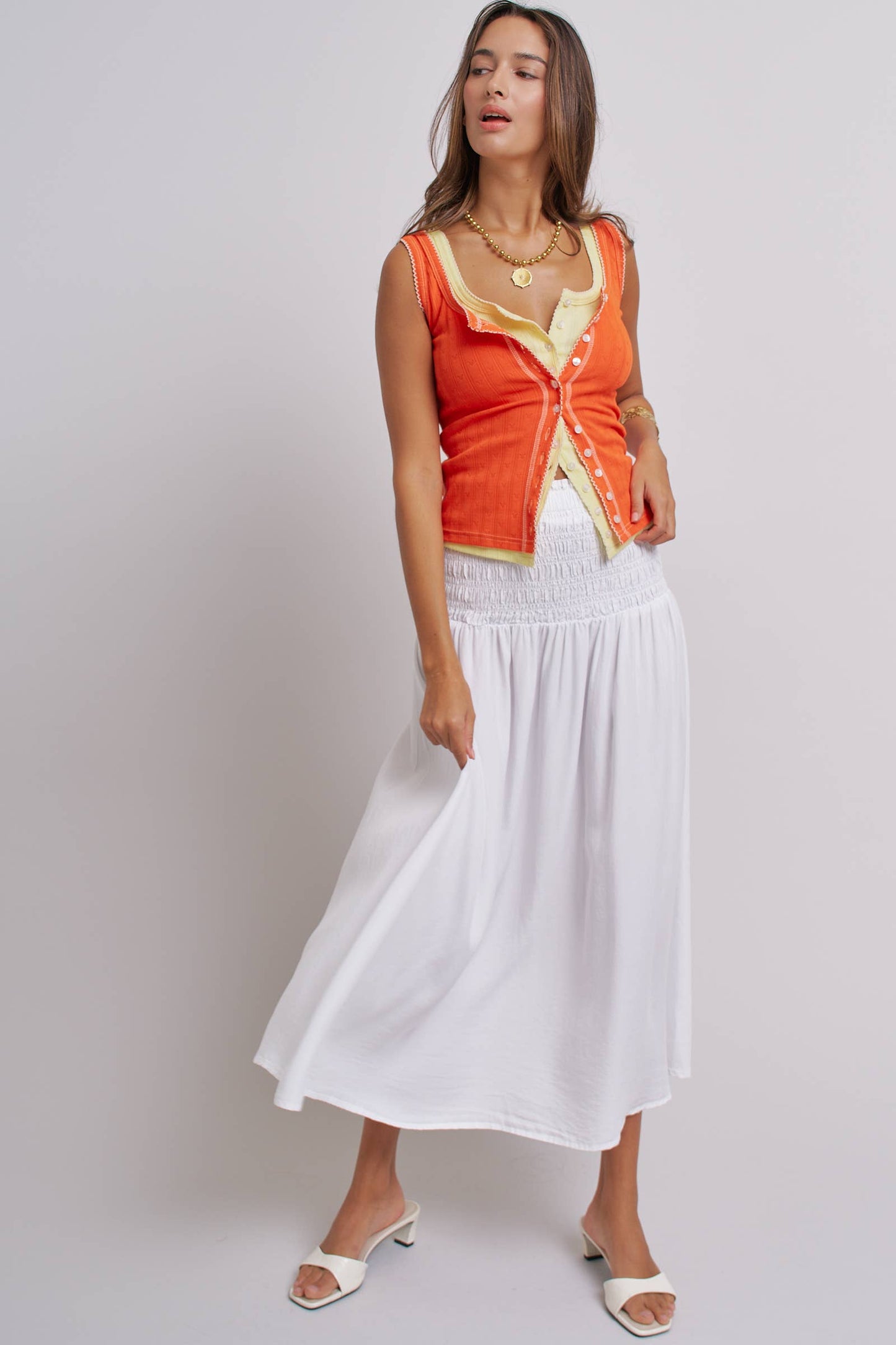 Ribbed Cotton Button-Front Picot Trim Tank