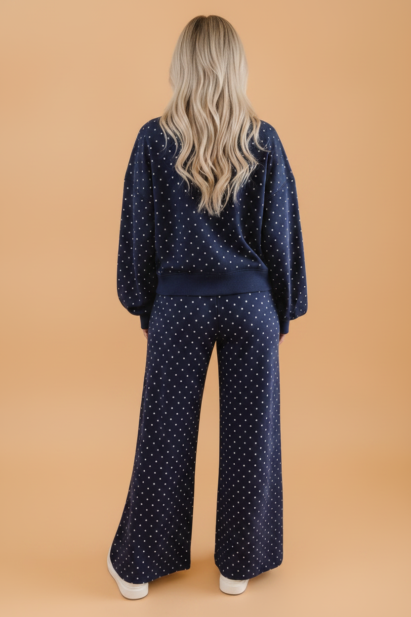 PRETTY BASH Polka Dot Long Sleeve Top & Wide Leg Pant Set