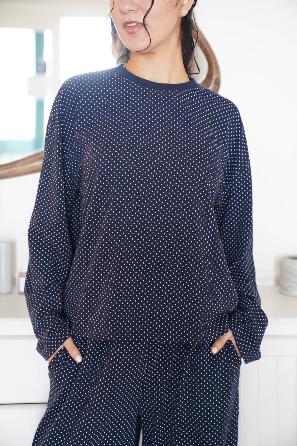 Navy Blue Polka Dot Loungewear Long Sleeve Top