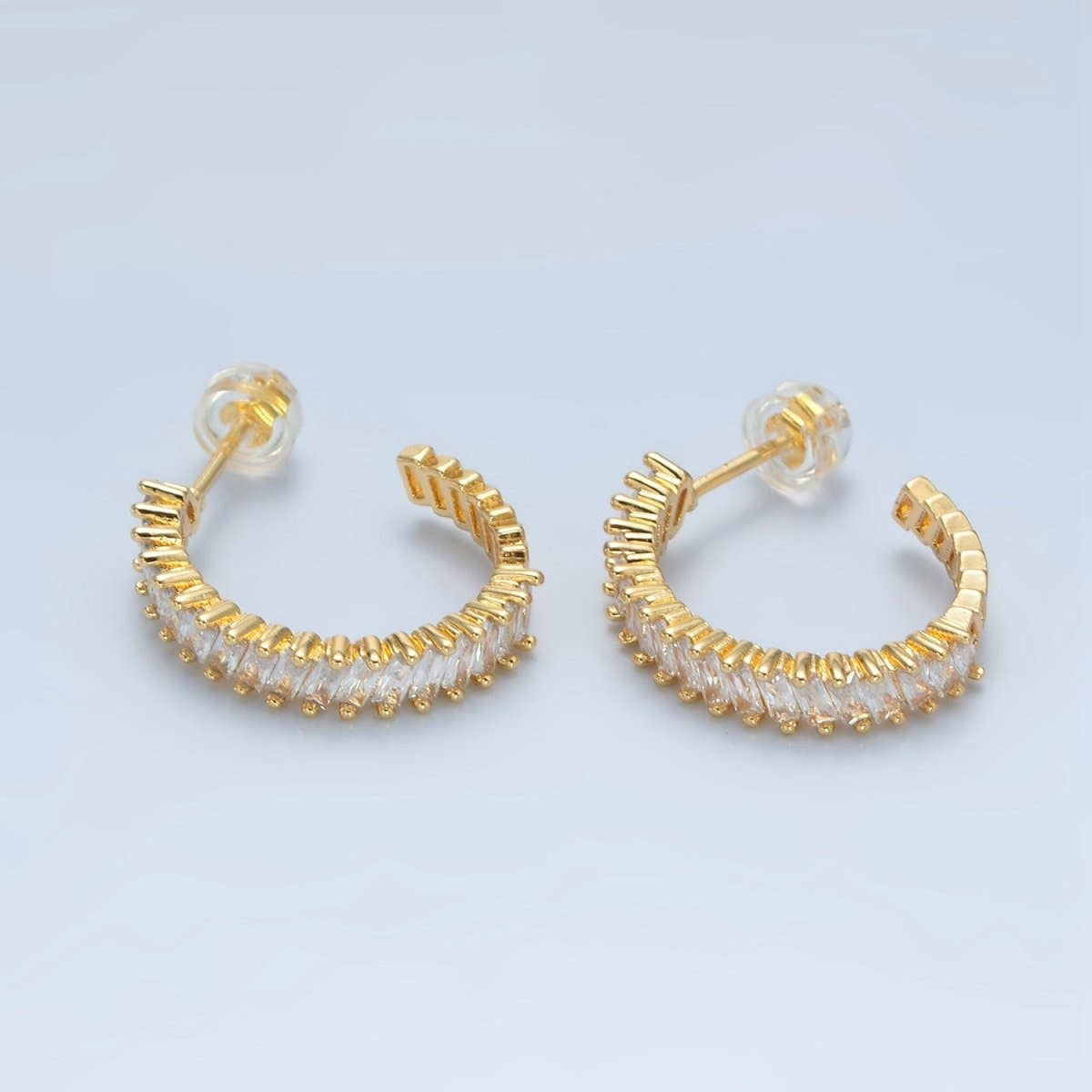 24k Gold Filled 22mm Clear Baguette Lined J-Shaped Hoop Earrings | AD732