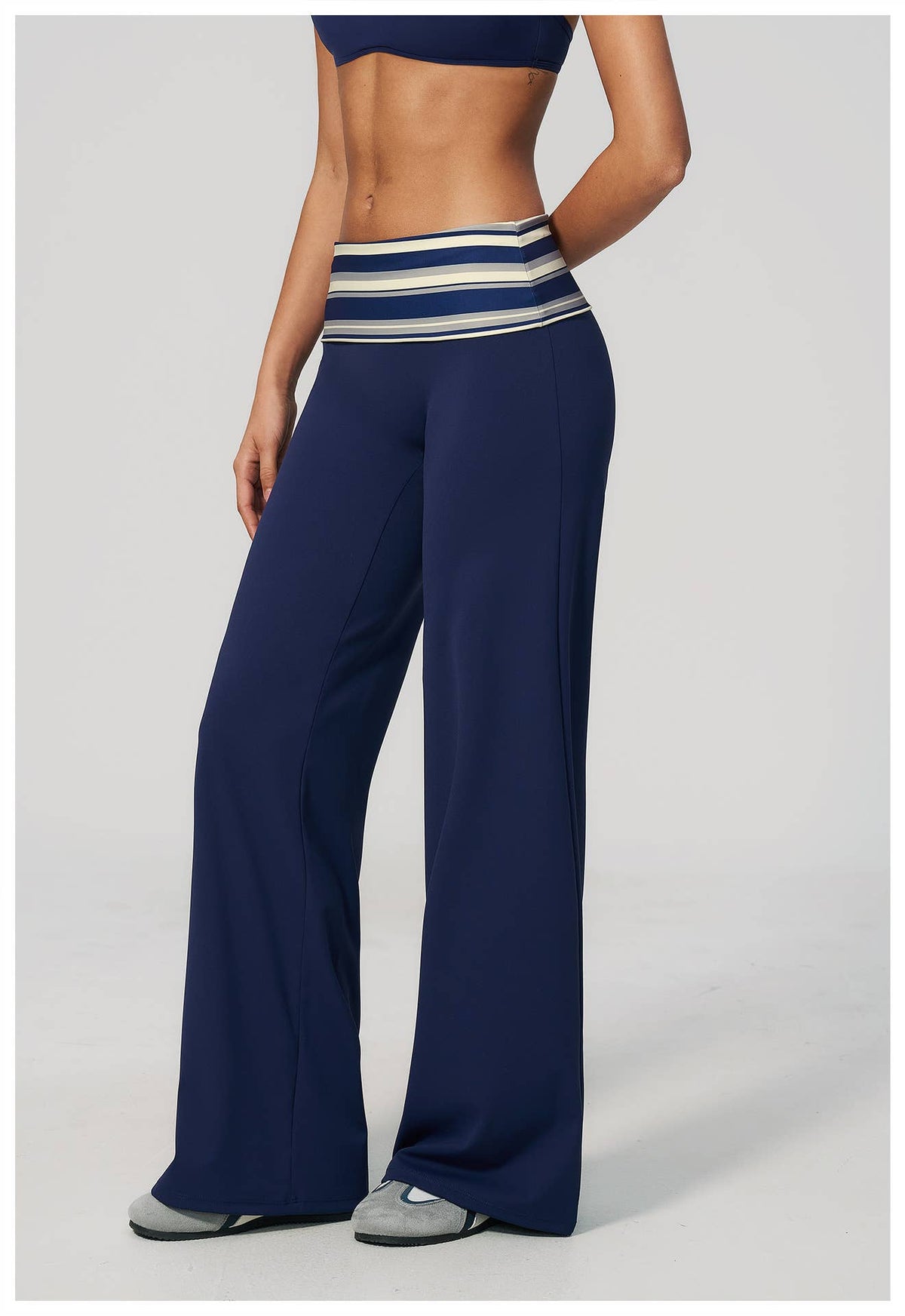 Striped Foldover Waist Wide Leg Yoga Pants Full Length Flowy Workout Trousers
