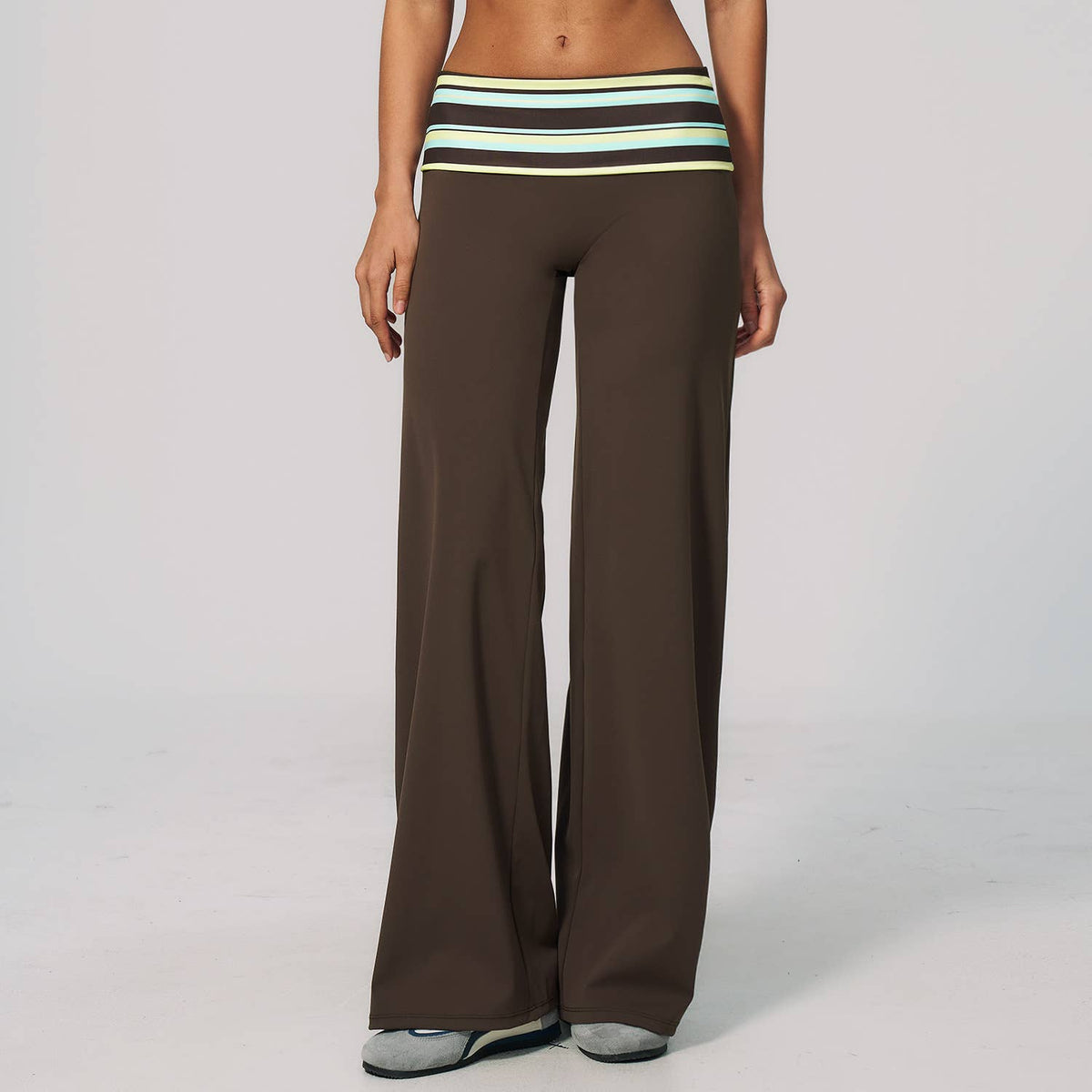Striped Foldover Waist Wide Leg Yoga Pants Full Length Flowy Workout Trousers