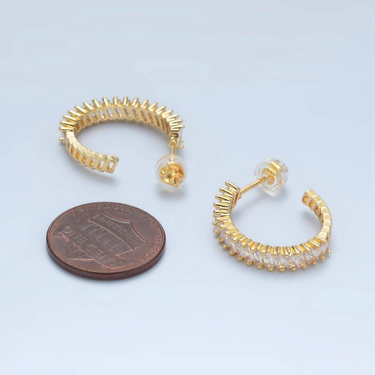 24k Gold Filled 22mm Clear Baguette Lined J-Shaped Hoop Earrings | AD732