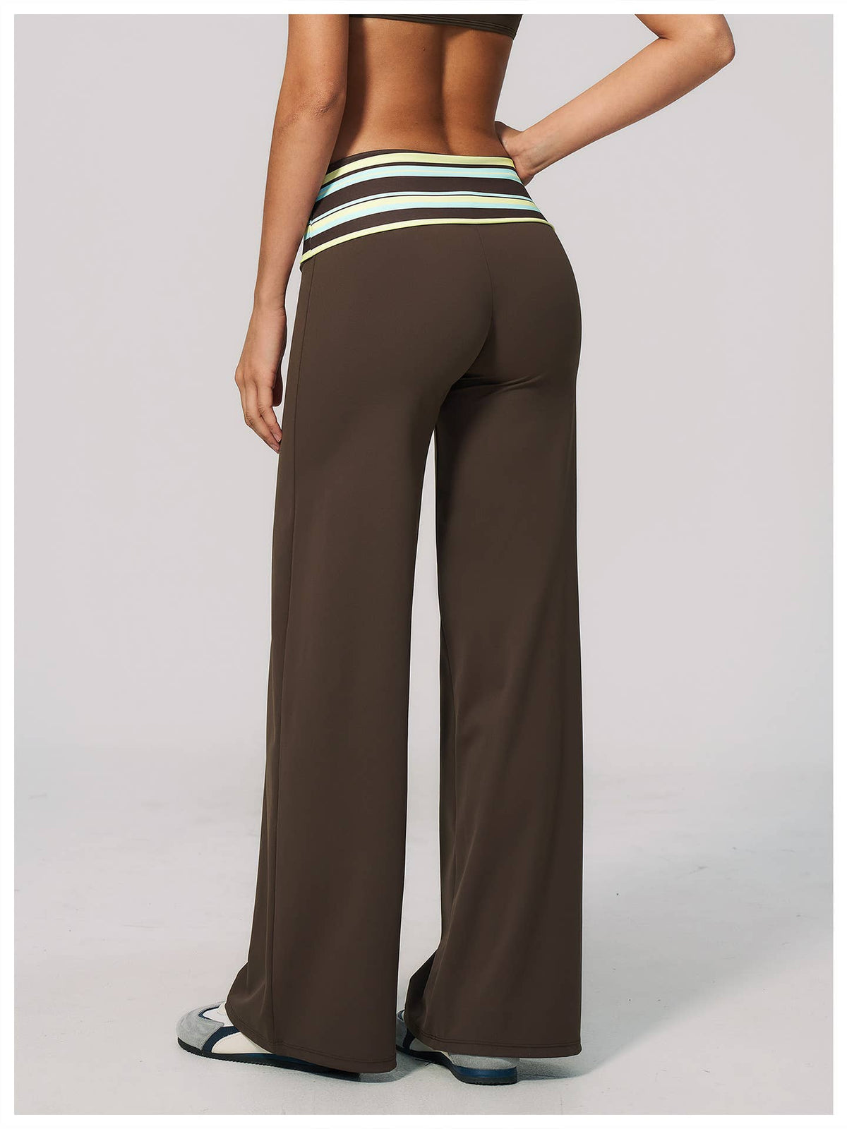 Striped Foldover Waist Wide Leg Yoga Pants Full Length Flowy Workout Trousers